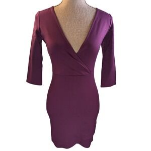 LuLus Plum Purple Wrap Midi Dress 3/4 Sleeve V Neck Bodycon Size S Chic Glam